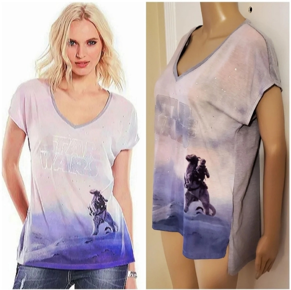 Womens M Rock & Republic Star Wars Sparkly Pink Hi-Lo Tauntaun Tee Top Disney